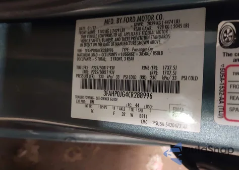 2012 Ford Fusion Sel из США, поврежденный, VIN 3FAHP0JG4CR288996